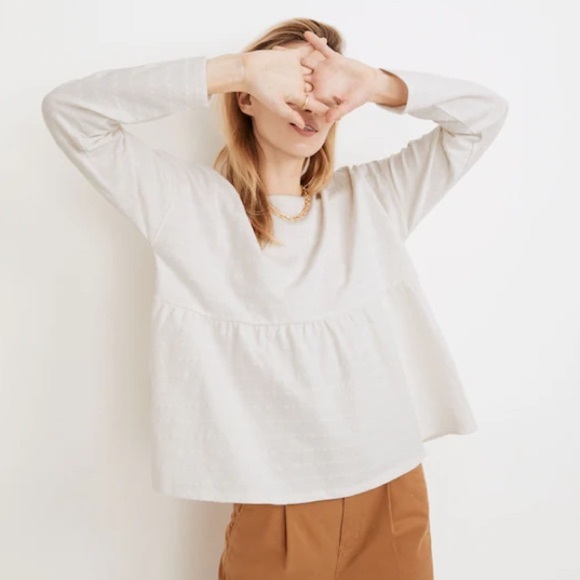 Madewell Long Sleeve Babydoll Relaxed Fit Top-Cream White Jacquard-Women Medium - Picture 1 of 9